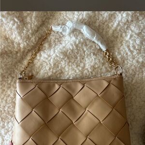 Bloomingdale's Woven Shoulder Bag in Camel/Tan with Gold Chain
